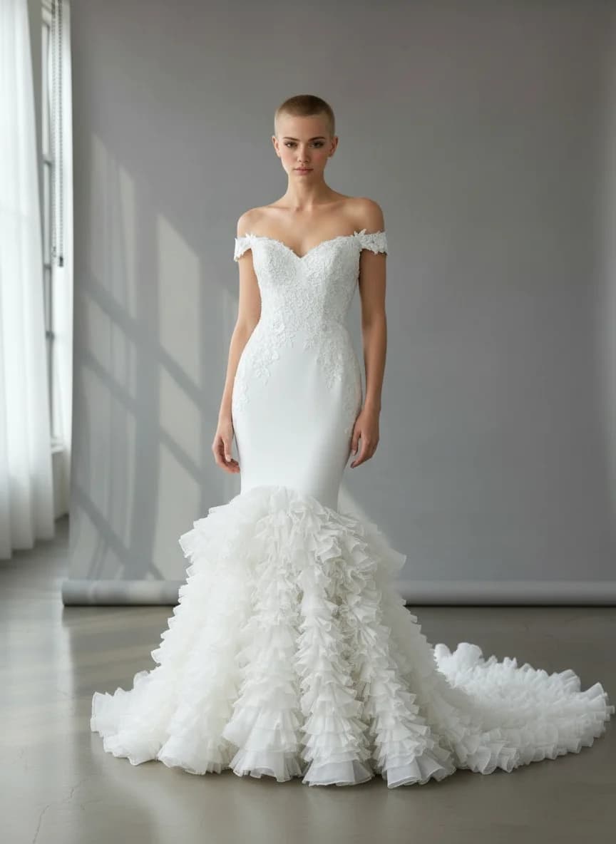 Mermaid dress with Chapel Train and Off Shoulder neckline