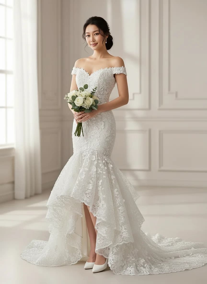 Mermaid dress with High-Low and Off Shoulder neckline