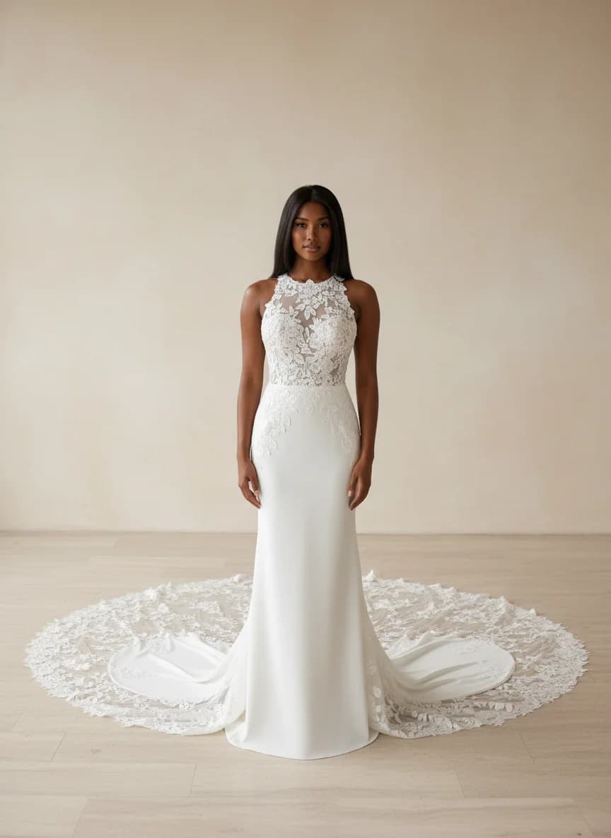 Sheath dress with Cathedral Train and High Neckline neckline