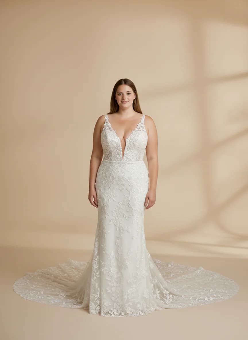 Sheath dress with Cathedral Train and Plunge neckline