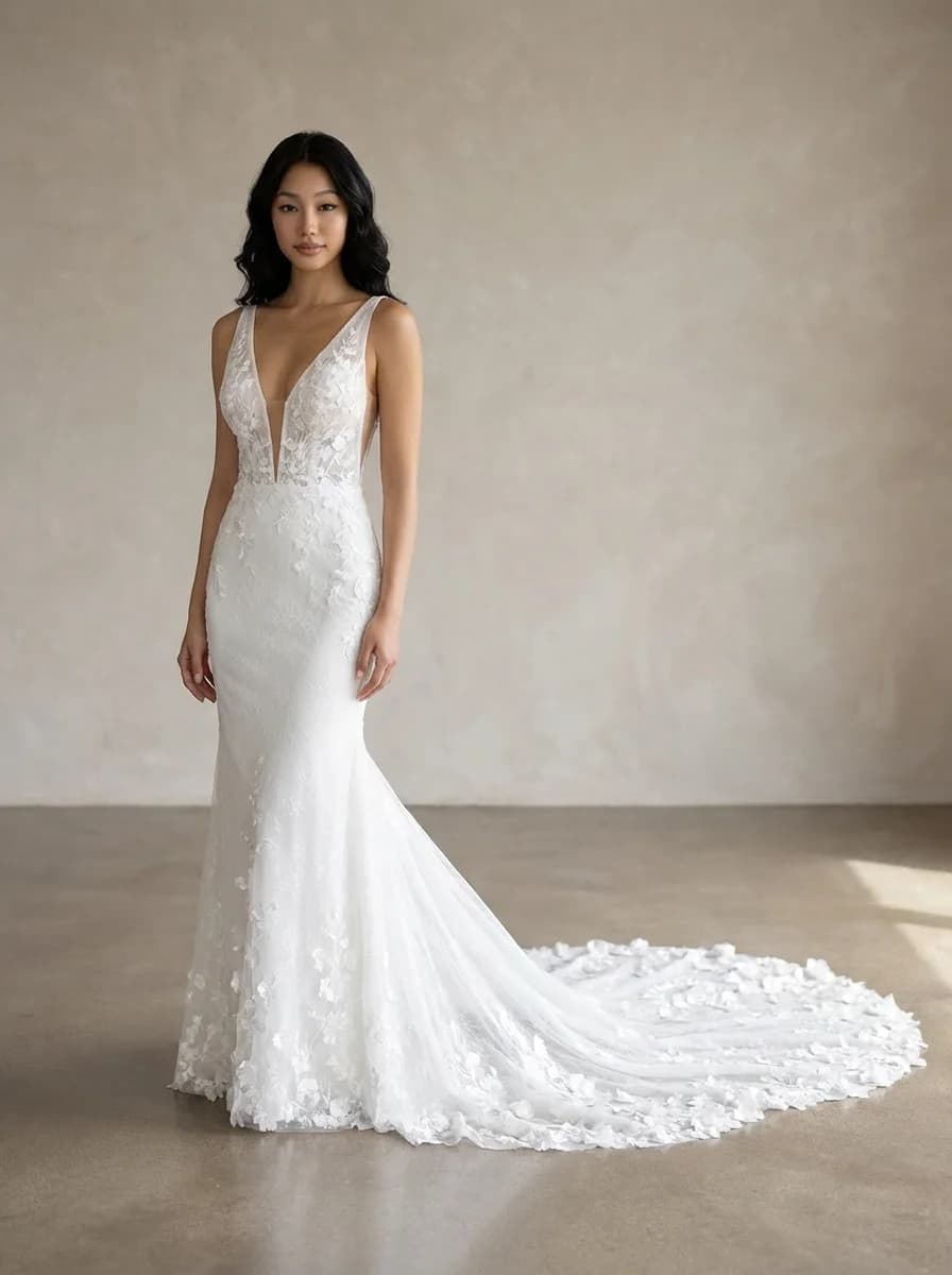 Sheath dress with Chapel Train and Plunge neckline