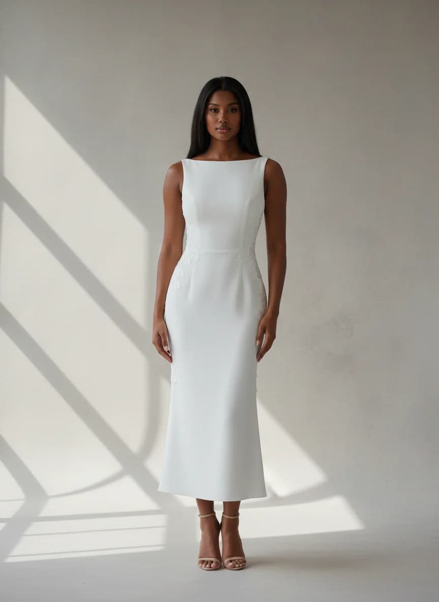 Sheath dress with Tea Length and Boat Neck neckline