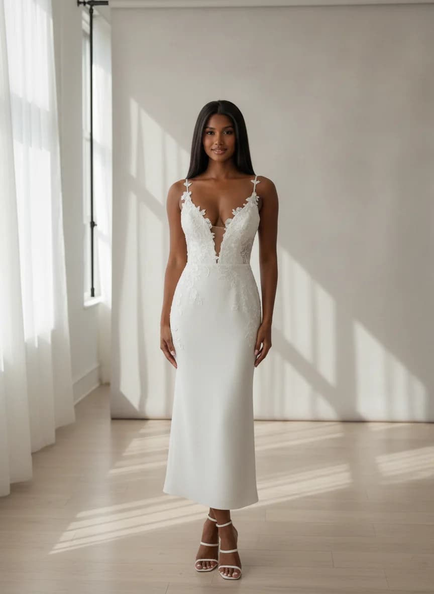 Sheath dress with Tea Length and V-Neck neckline