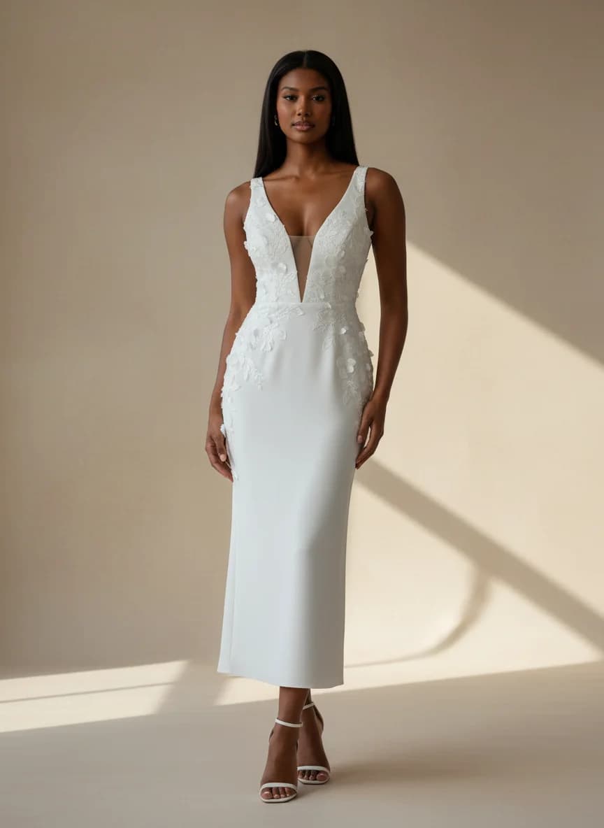 Sheath dress with Tea Length and Plunge neckline