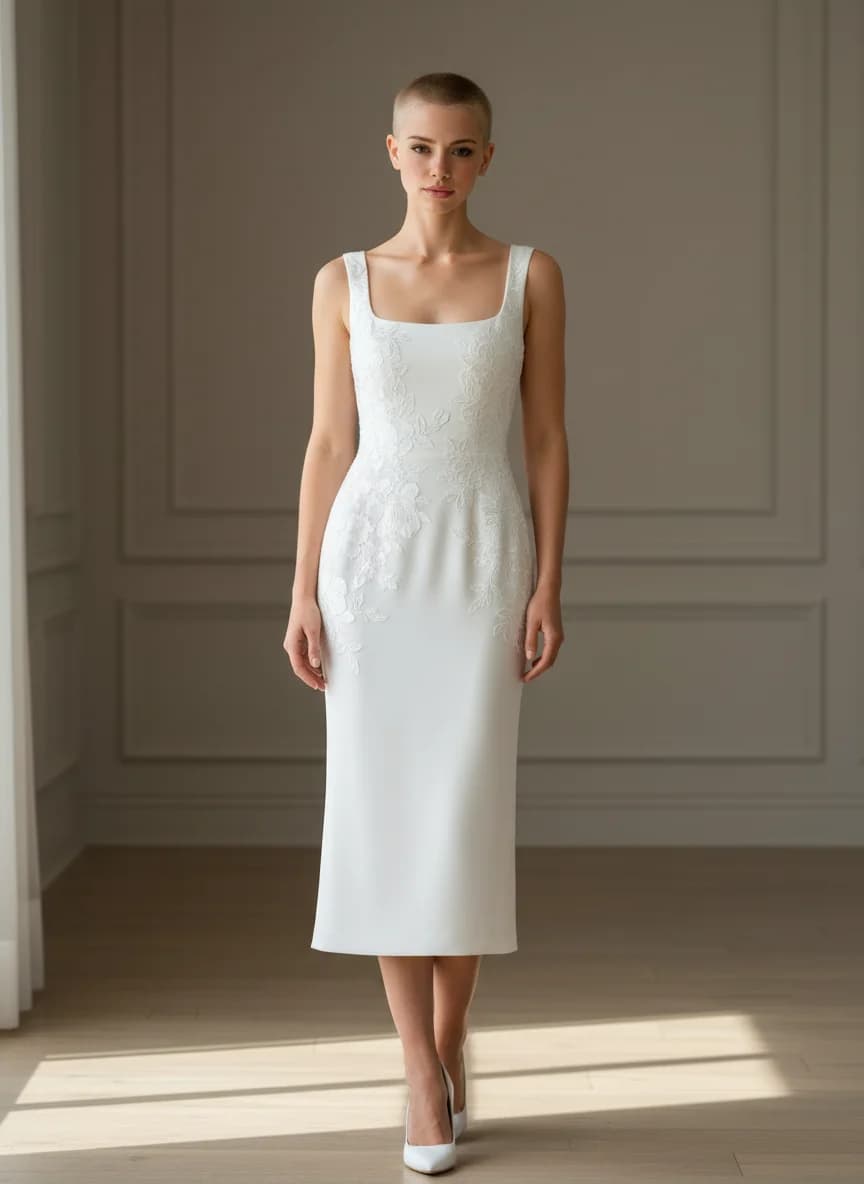 Sheath dress with Tea Length and Square neckline
