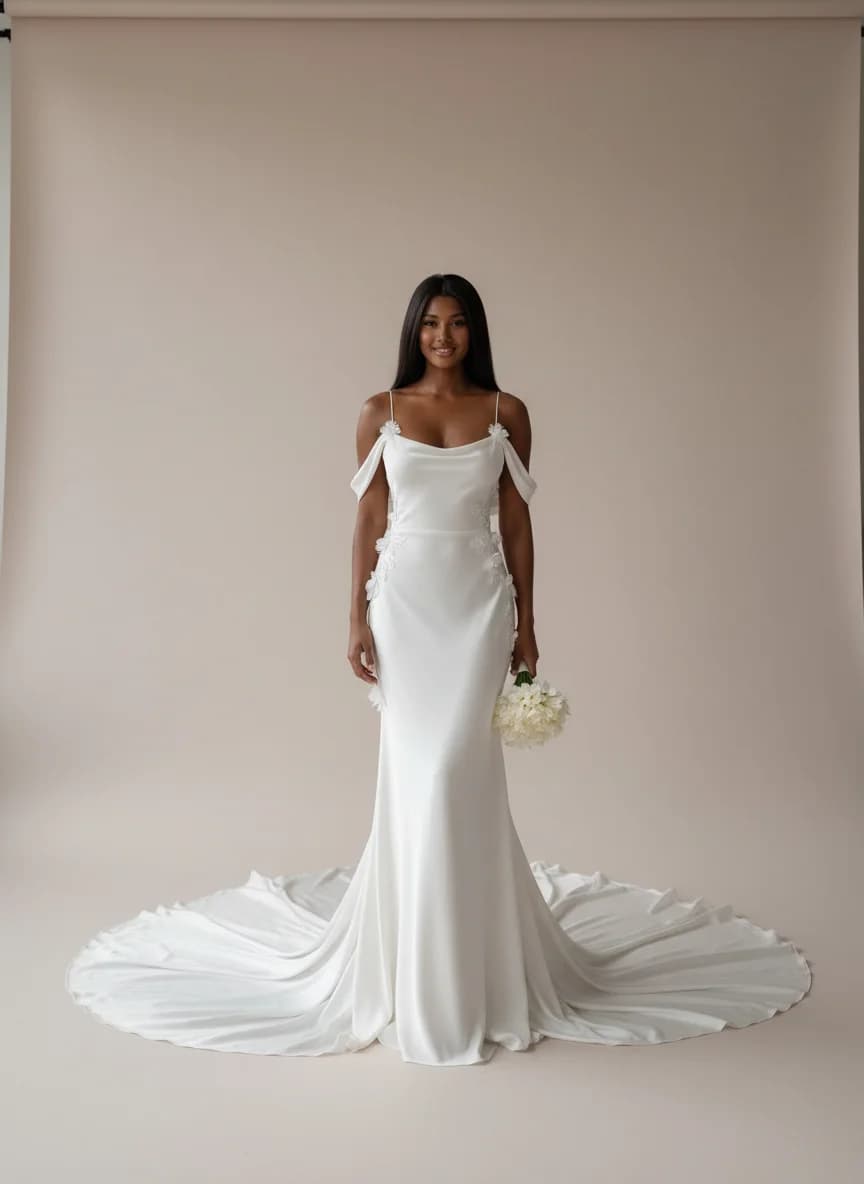 Slip dress with Cathedral Train and Off Shoulder neckline