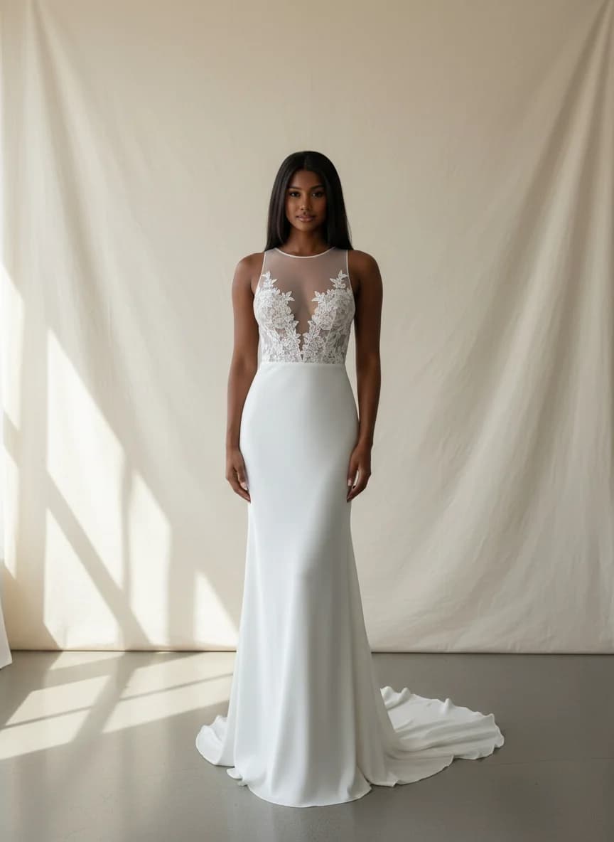 Slip dress with Chapel Train and Illusion neckline