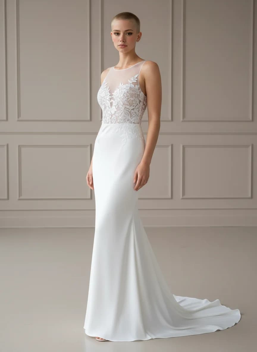 Slip dress with Sweep Train and Illusion neckline