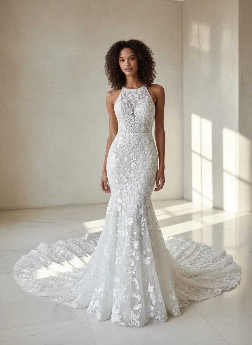 Trumpet dress with Cathedral Train and Halter neckline