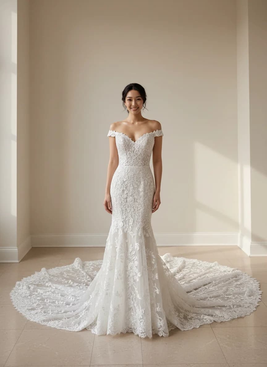 Trumpet dress with Cathedral Train and Off Shoulder neckline