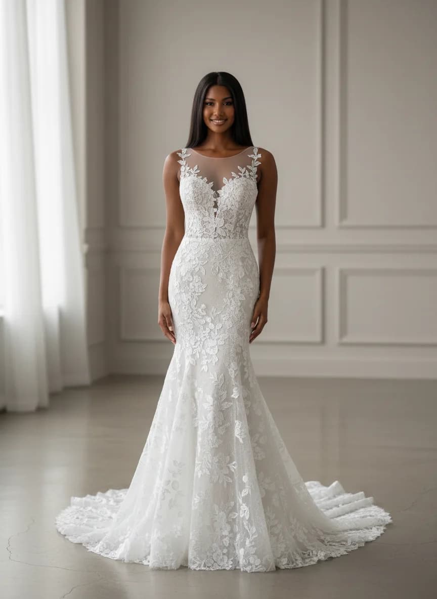 Trumpet dress with Illusion neckline