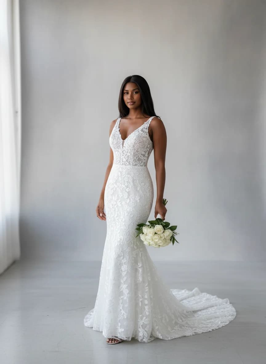 Trumpet dress with Sweep Train and V-Neck neckline