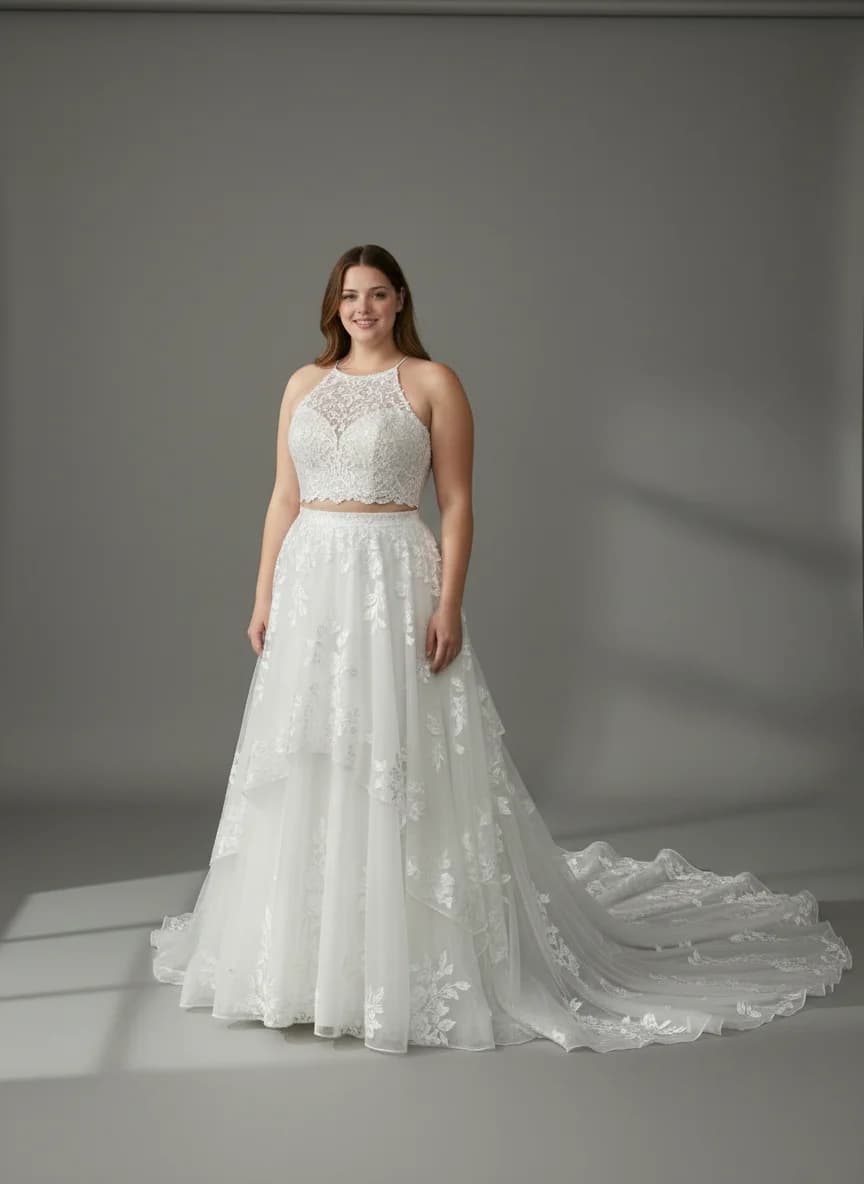 Two Piece dress with Cathedral Train and Halter neckline