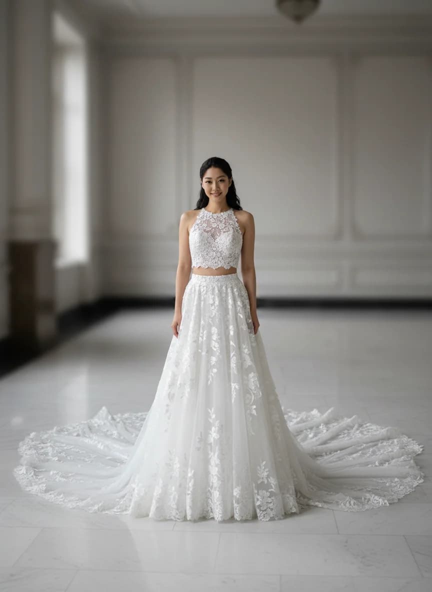 Two Piece dress with Cathedral Train and High Neckline neckline