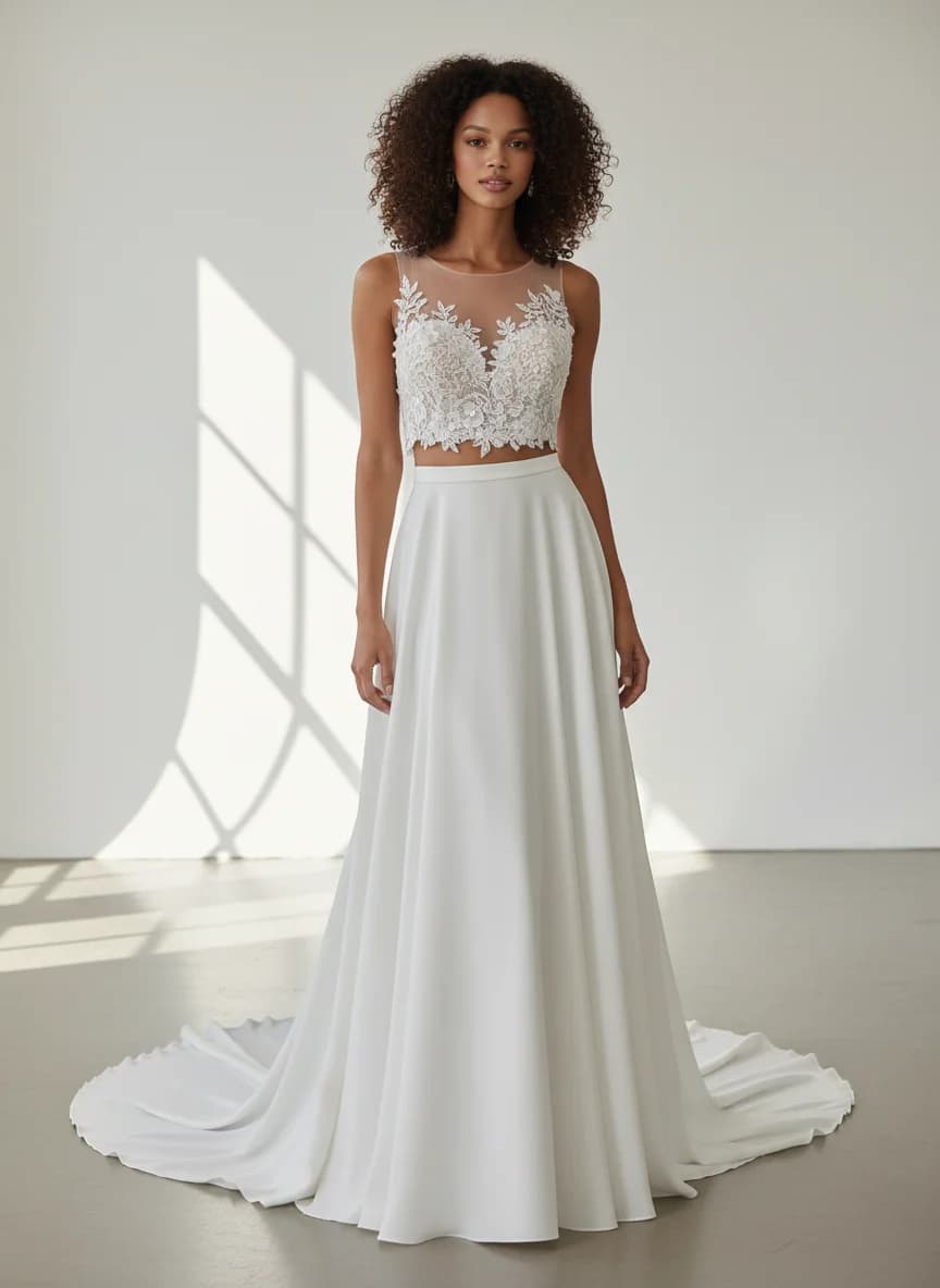 Two Piece dress with Chapel Train and Illusion neckline