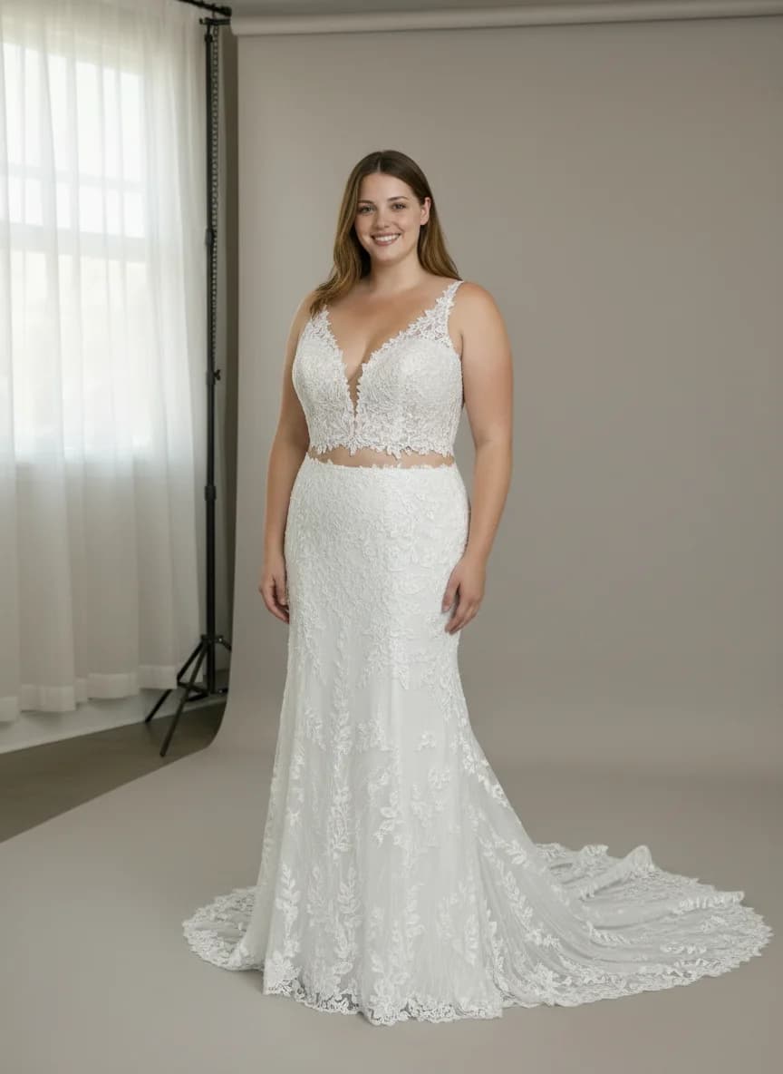 Two Piece dress with Chapel Train and Plunge neckline