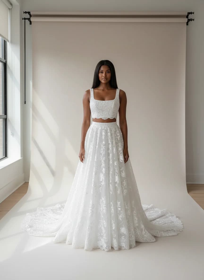 Two Piece dress with Chapel Train and Square neckline