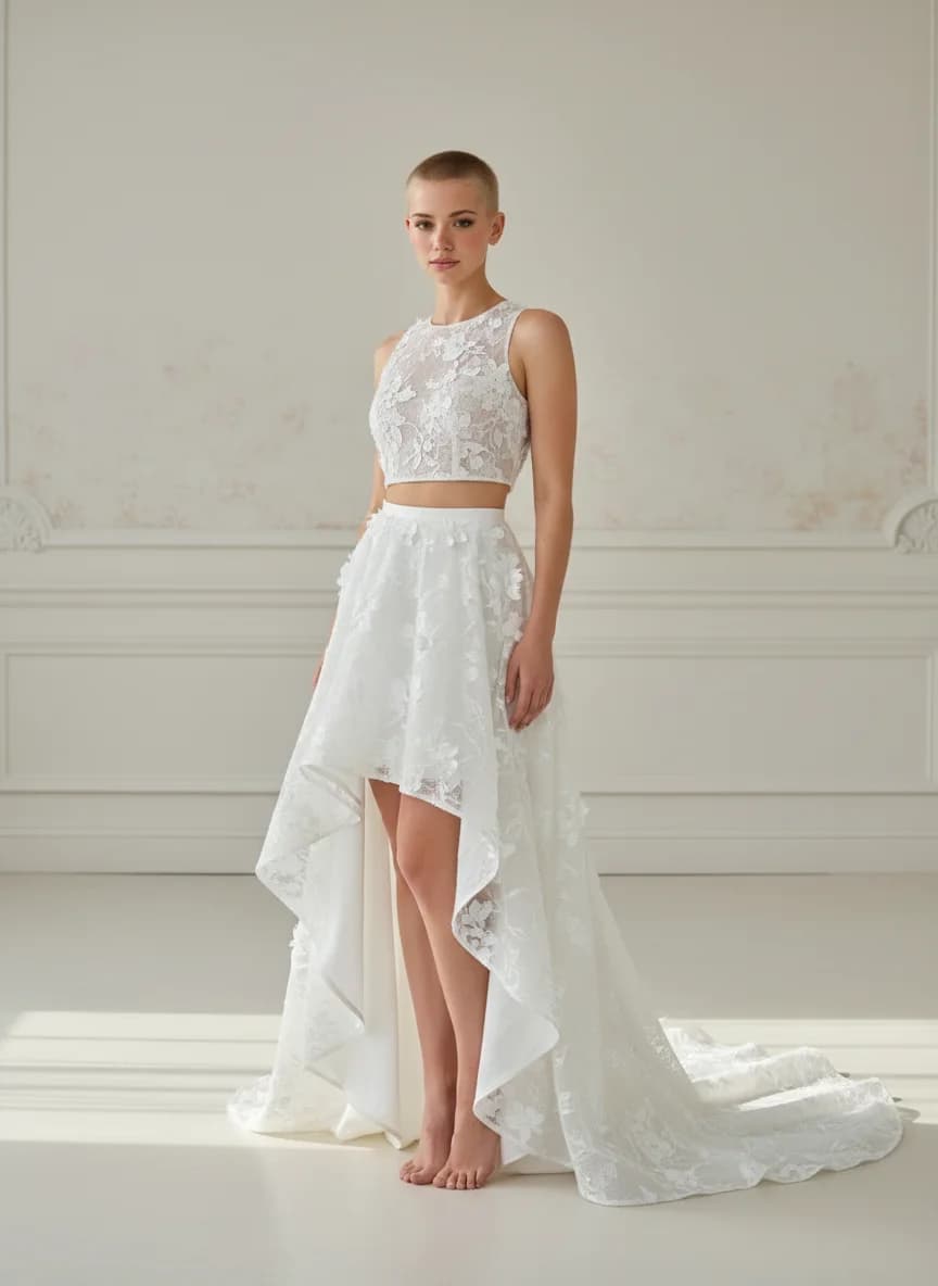 Two Piece dress with High-Low and High Neckline neckline