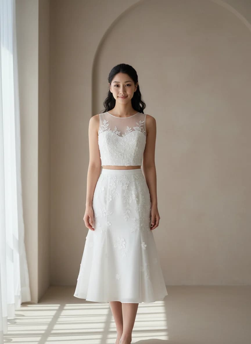 Two Piece dress with Knee Length and Illusion neckline