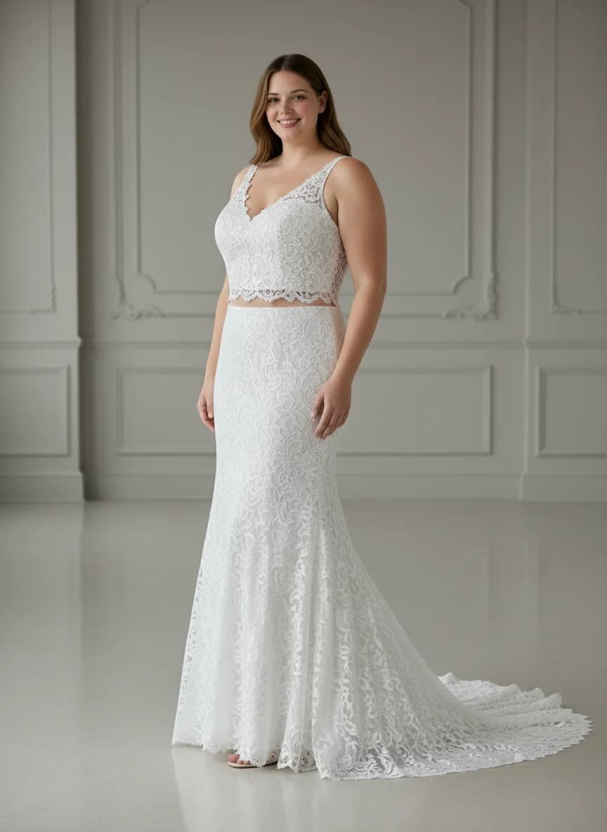 Two Piece dress with Sweep Train and V-Neck neckline