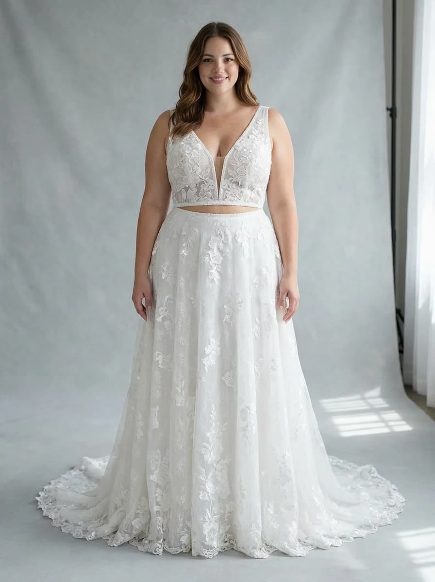 Two Piece dress with Sweep Train and Plunge neckline