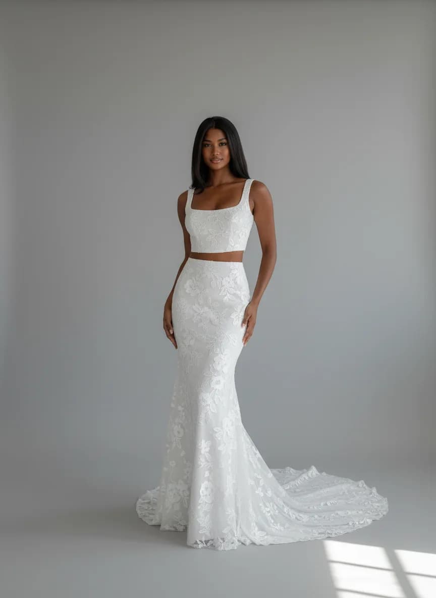 Two Piece dress with Sweep Train and Square neckline