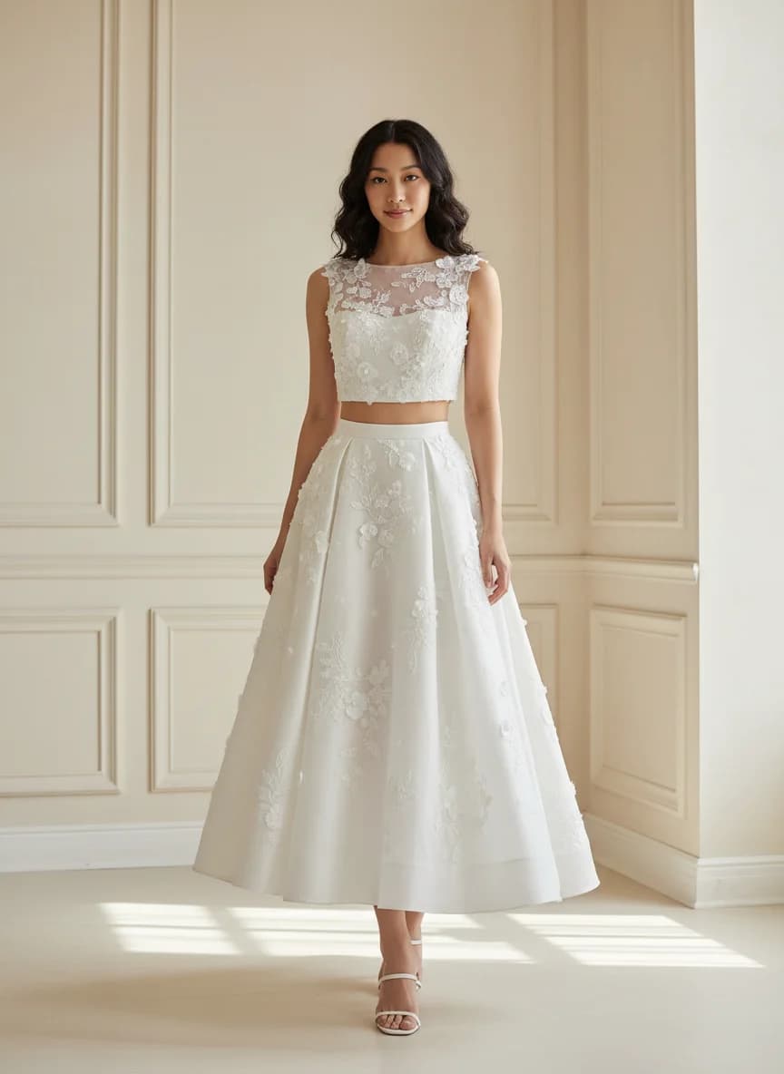 Two Piece dress with Tea Length and Boat Neck neckline