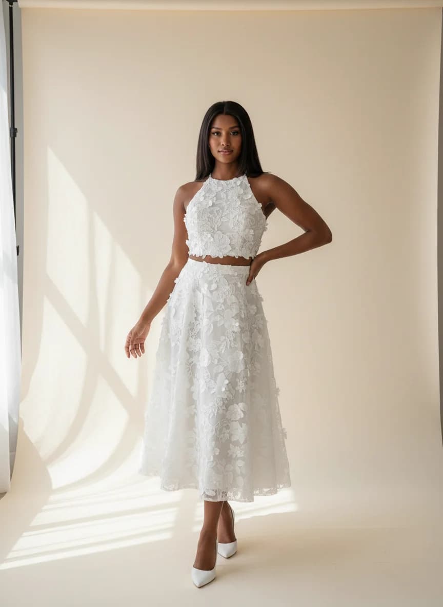 Two Piece dress with Tea Length and Halter neckline