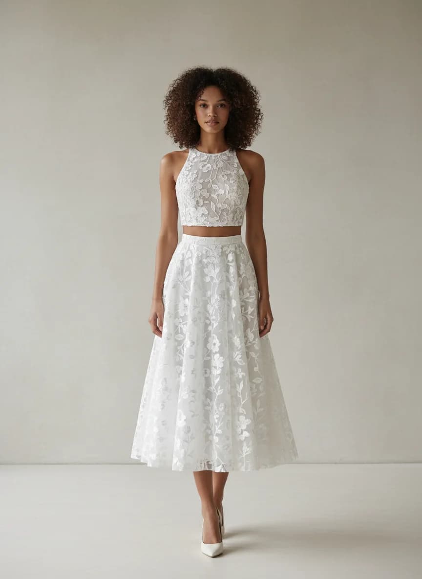Two Piece dress with Tea Length and High Neckline neckline