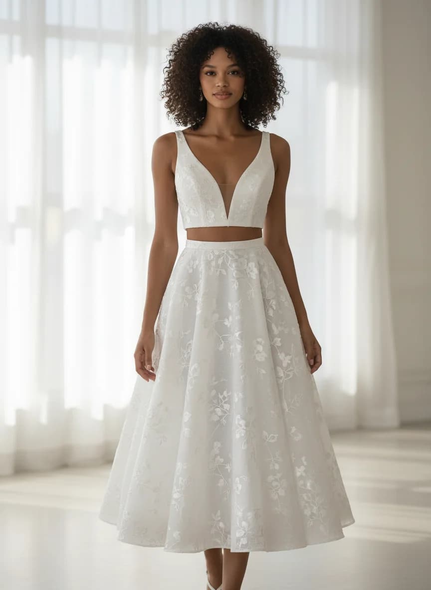 Two Piece dress with Tea Length and Plunge neckline