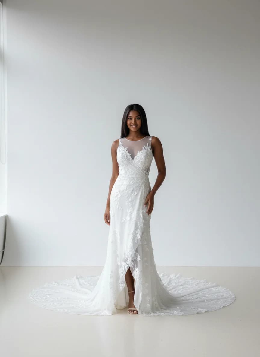 Wrap & Asymmetric dress with Cathedral Train and Illusion neckline