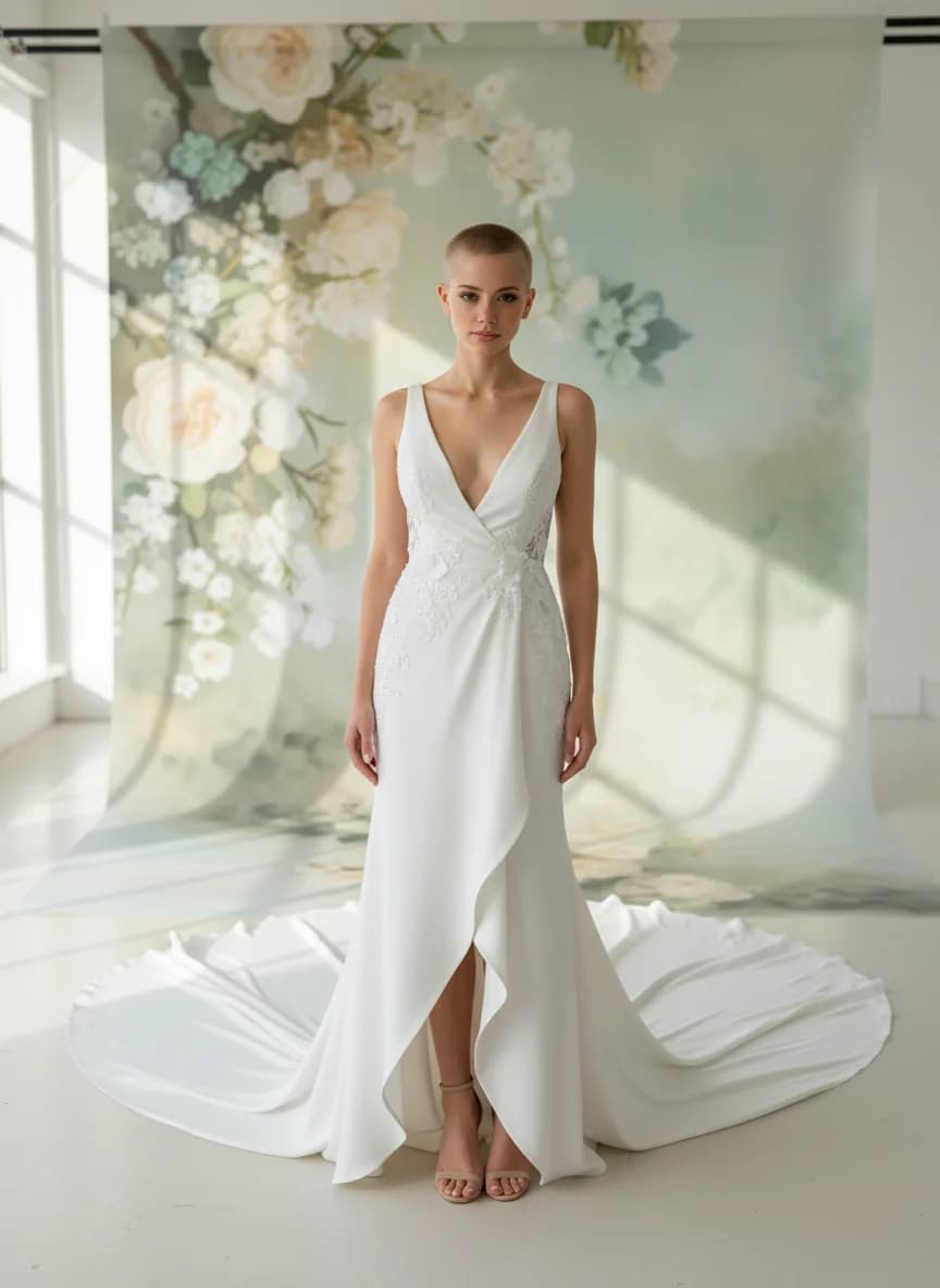 Wrap & Asymmetric dress with Cathedral Train and Plunge neckline