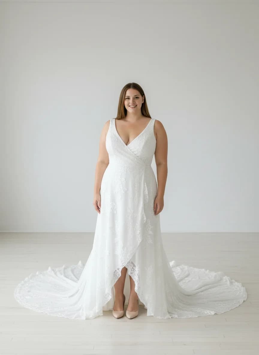 Wrap & Asymmetric dress with Cathedral Train and Scoop neckline