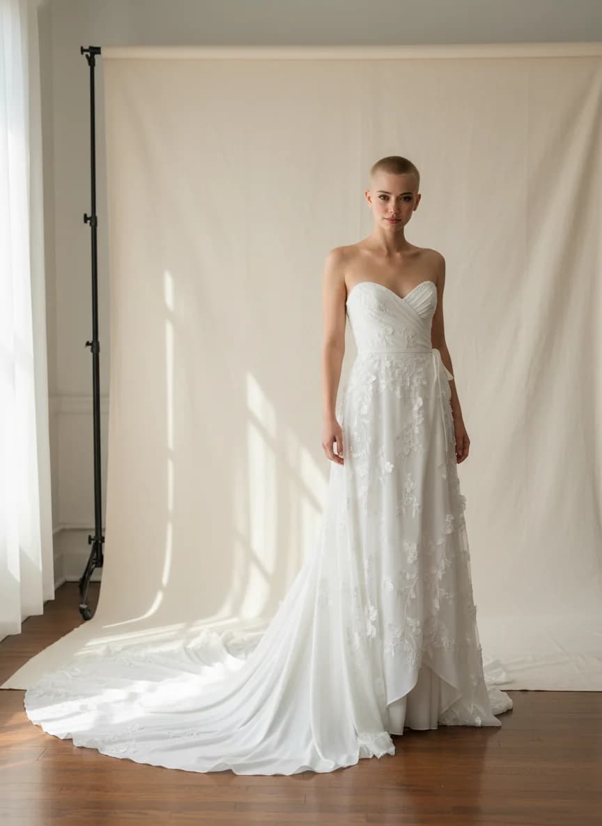 Wrap & Asymmetric dress with Cathedral Train and Strapless neckline