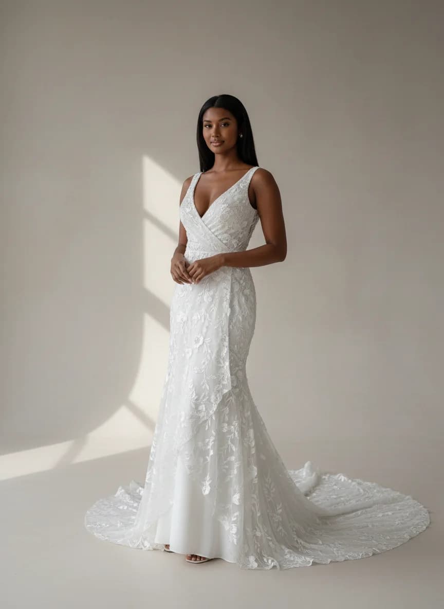 Wrap & Asymmetric dress with Chapel Train and V-Neck neckline