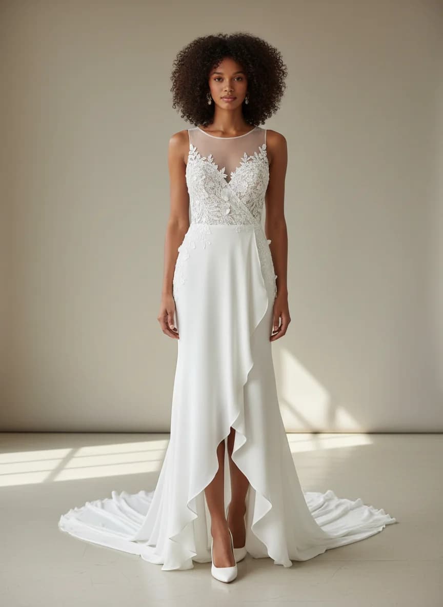 Wrap & Asymmetric dress with Chapel Train and Illusion neckline