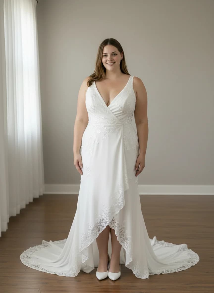 Wrap & Asymmetric dress with Chapel Train and Plunge neckline