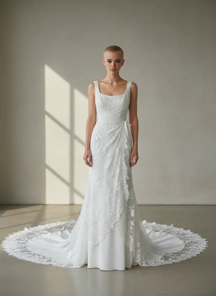 Wrap & Asymmetric dress with Chapel Train and Square neckline