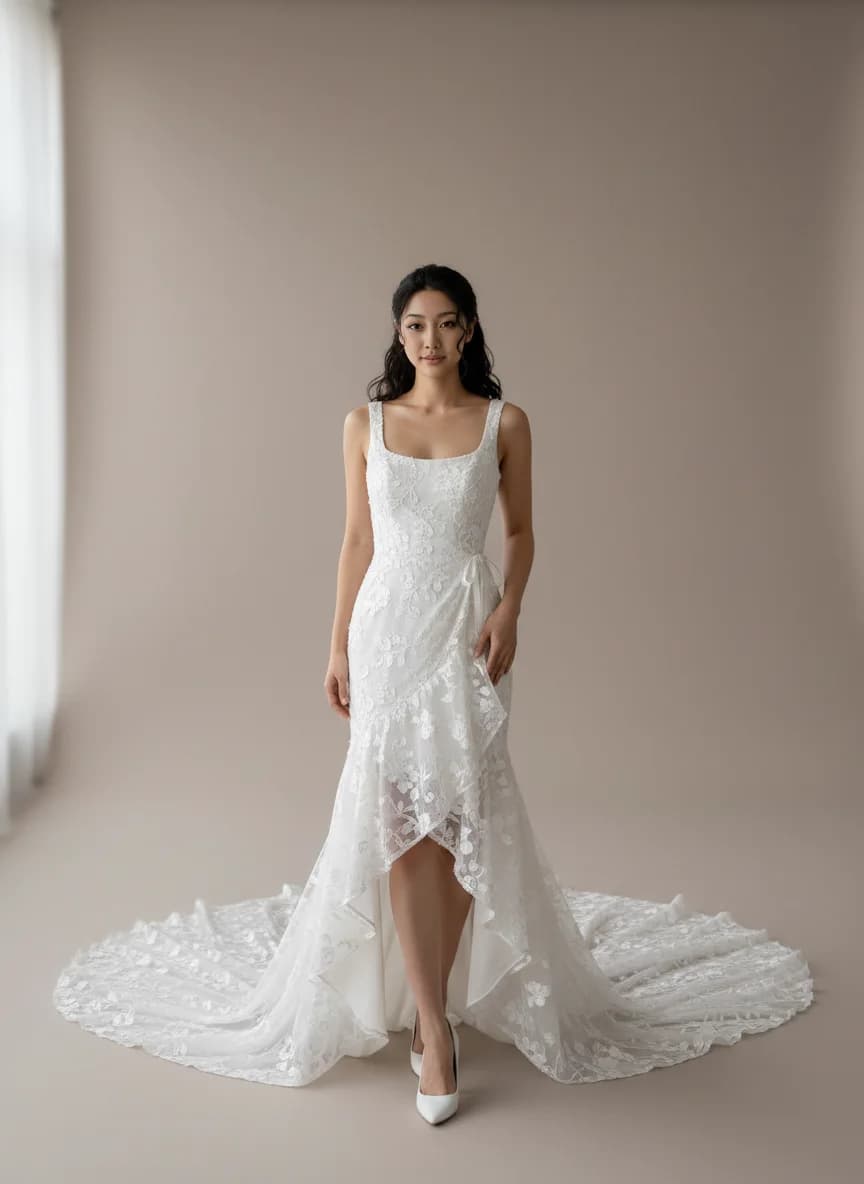 Wrap & Asymmetric dress with High-Low and Square neckline