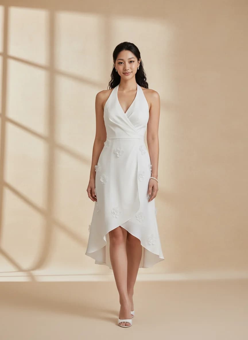 Wrap & Asymmetric dress with Knee Length and Halter neckline
