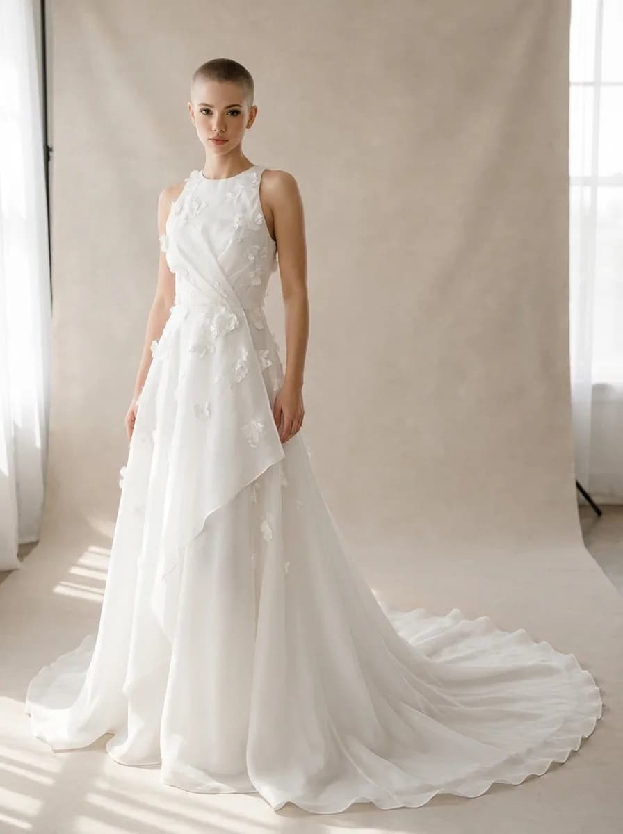 Wrap & Asymmetric dress with Sweep Train and High Neckline neckline