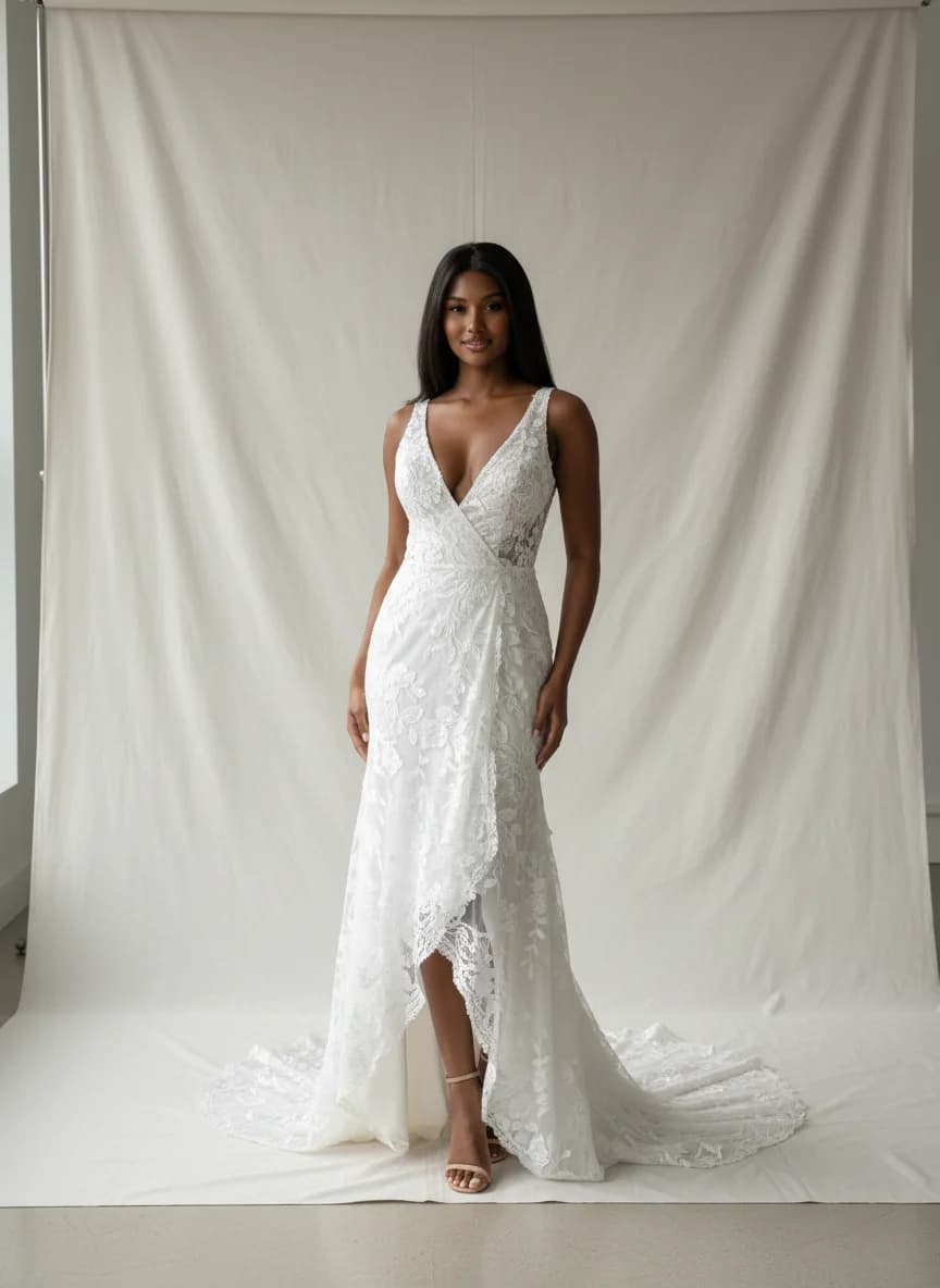 Wrap & Asymmetric dress with Sweep Train and Plunge neckline