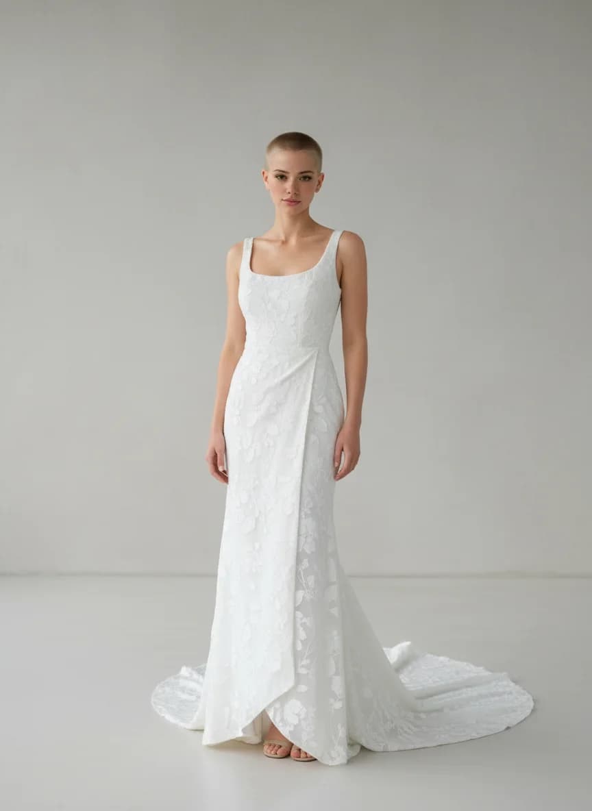 Wrap & Asymmetric dress with Sweep Train and Square neckline