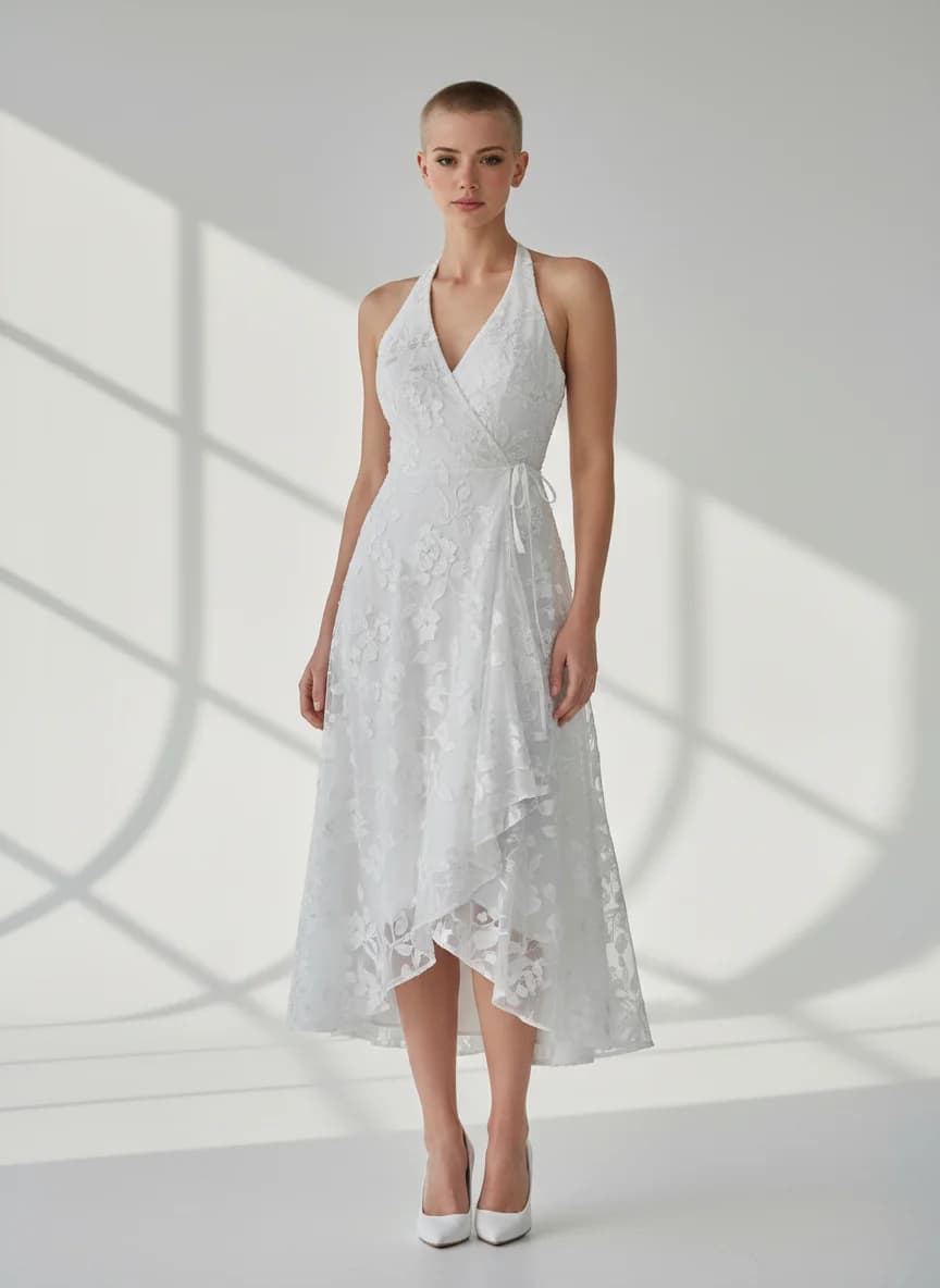 Wrap & Asymmetric dress with Tea Length and Halter neckline