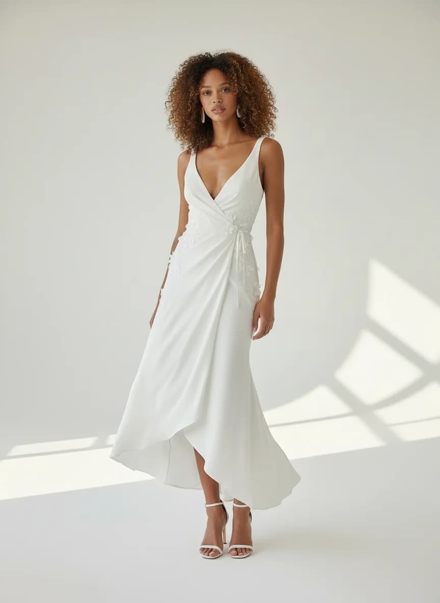 Wrap & Asymmetric dress with Tea Length and Plunge neckline